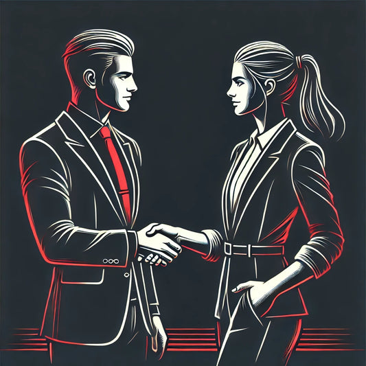 A man handshaking a woman which represents how not to look desperate in sales.