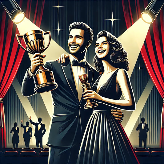 A successful couple winning an award which indicates success.